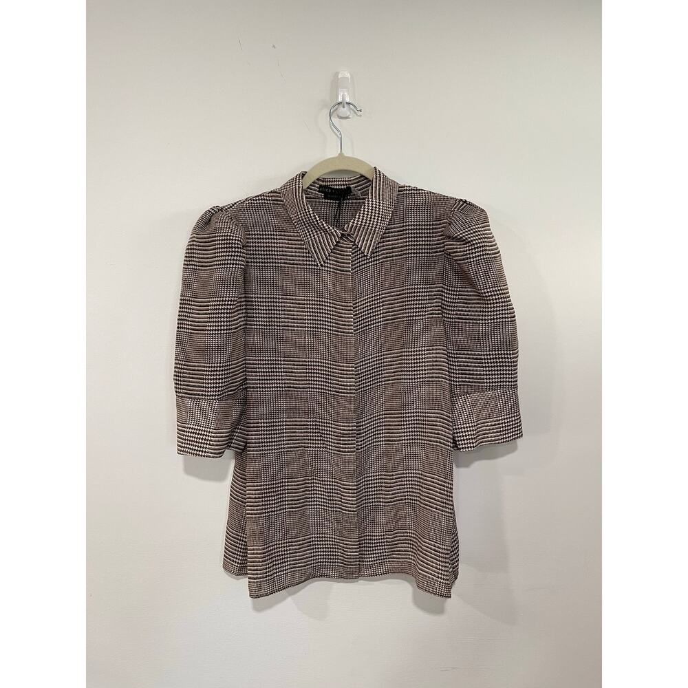 NWT Alice + Olivia Willa Scrunch Sleeve Silk Blouse Size Houndstooth Academia - Picture 2 of 5